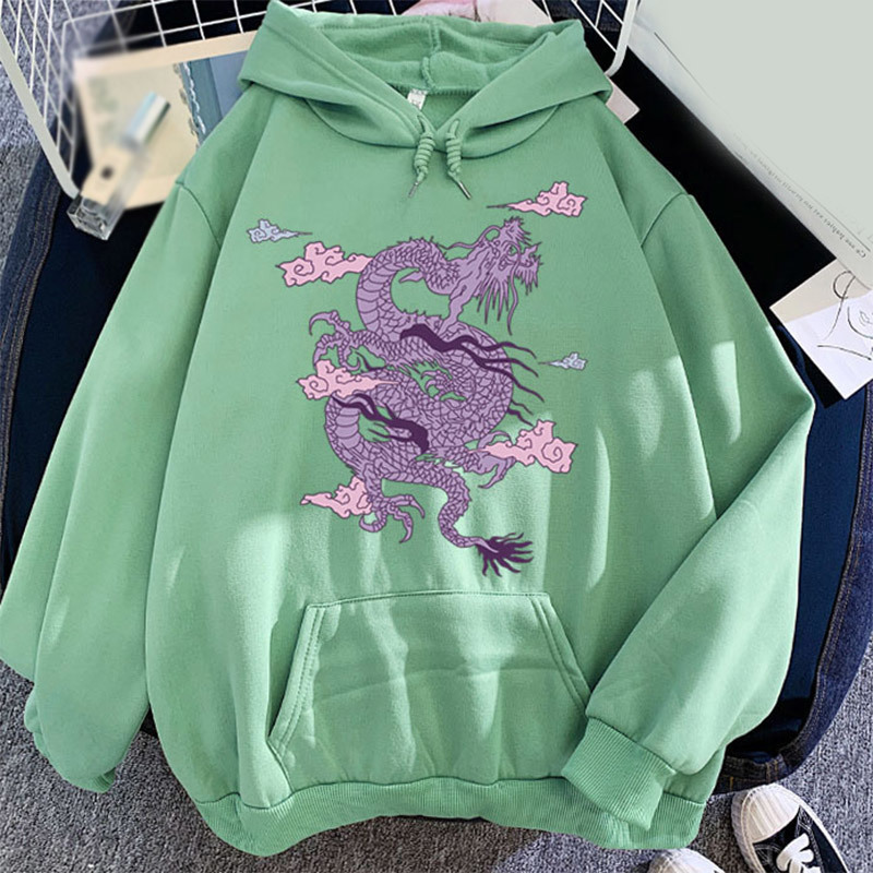 Autumn Dragon Pattern Print Fleece Women Hoodies Drawstring Purple Pocket Female Sweatshirts Fashion Casual Lady Pullover 201102
