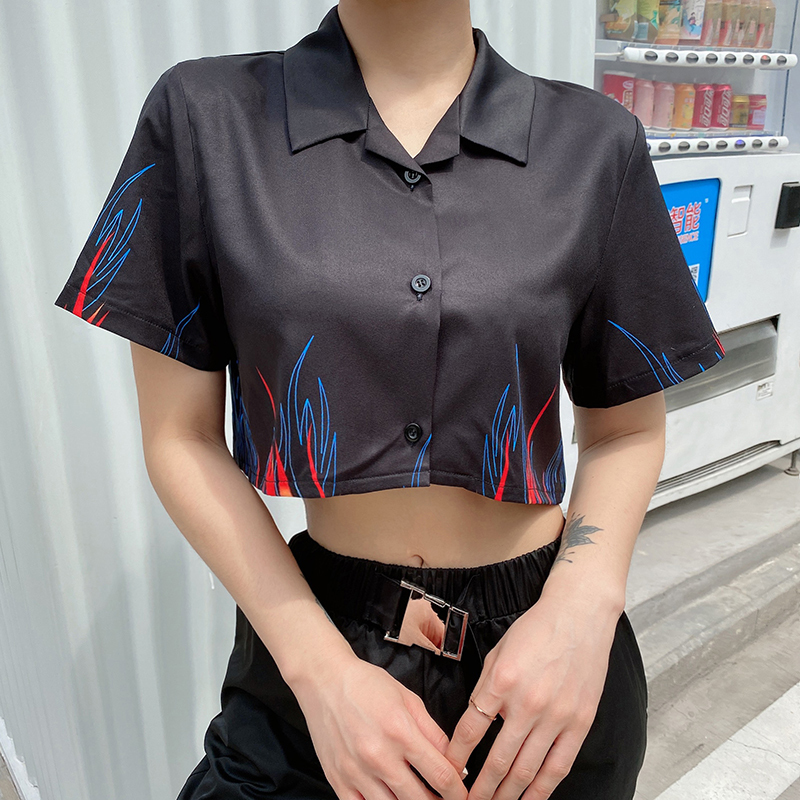 Waatfaak Single Breasted Flame Print Crop Top Tee Shirt Women Turn-down Collar Short Sleeve T-shirt Black Casual High Street T200512