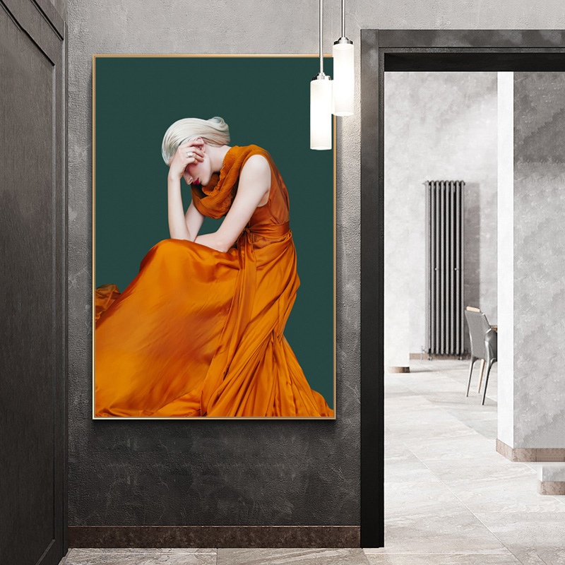 Orange Woman Nordic Posters Feather Fashion Painting Canvas Prints Wall Art for Living Room Modern Sofa Home Decor Sexy Girl