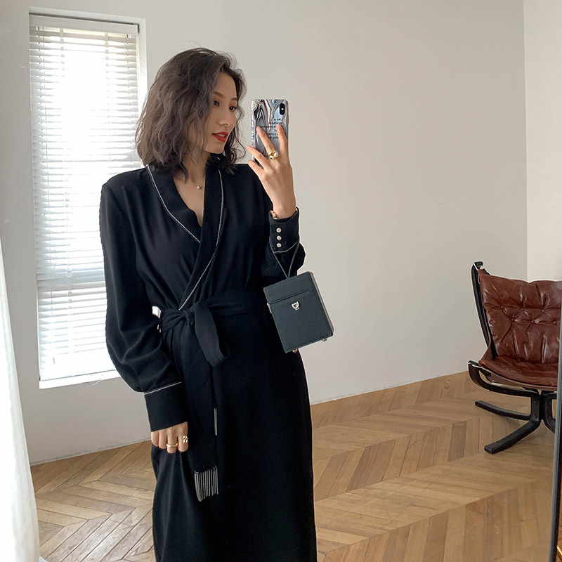 Shiny Vintage Black Chiffon Sashes Wrap Dress Ladies Long Sleeve Elegant Party Dresses Spring Autumn Women Clothes Vestidos 210303