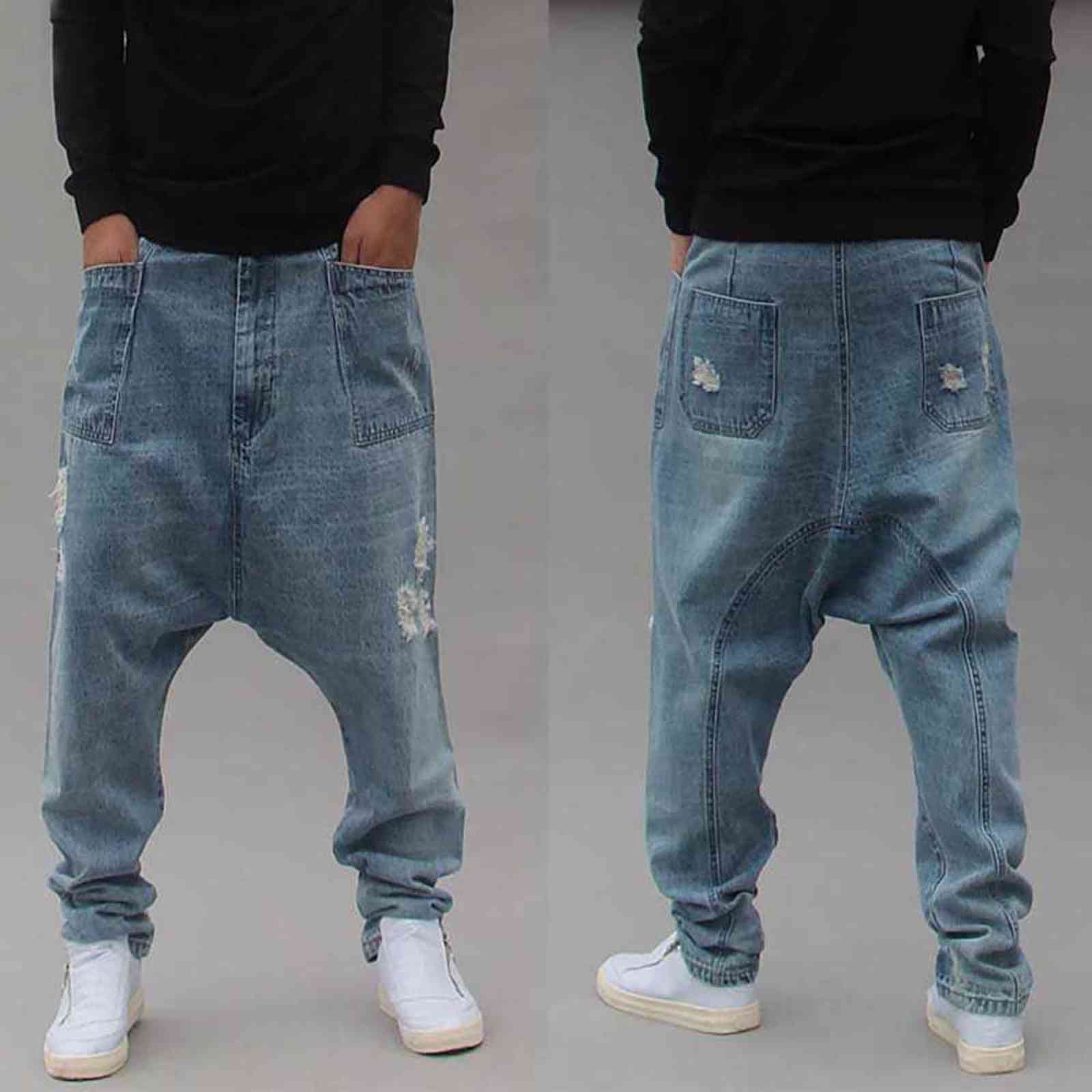 Distressed Streetwear Ripped Harem Jeans Men Casual Loose Baggy Trousers Hip Dropcrotch Denim Pants Male Clothes Big Size 211111