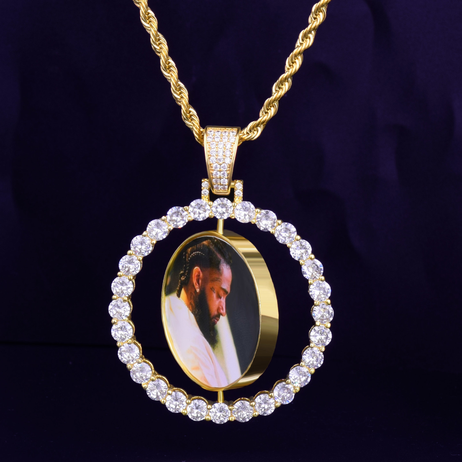 Custom Made Photo Rotating double-sided Medallions Pendant Necklace 4mm Tennis Chain Zircon Men's Hip hop Jewelry 2x1.65 inch V191128