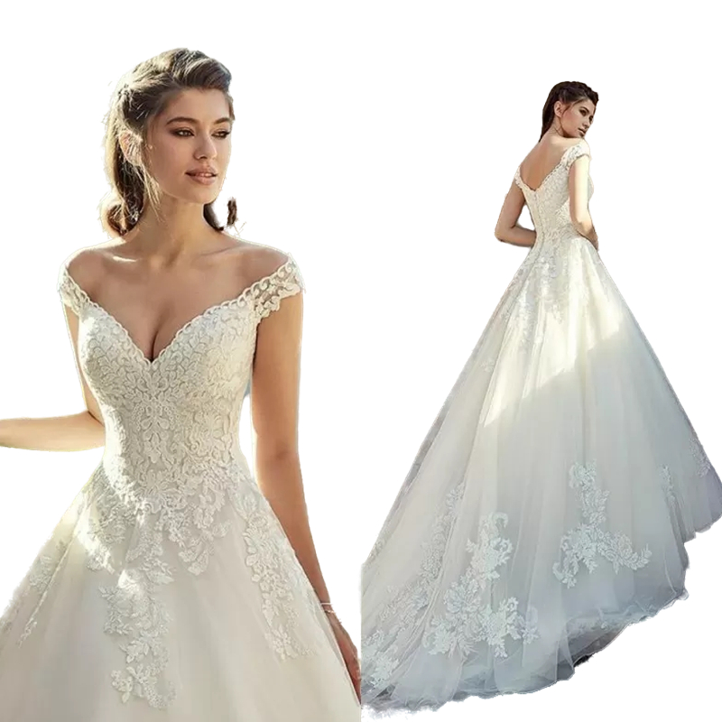 Gorgeous Off Shoulder Lace Wedding Dress 2022 A Line V Neck Appliques Bride Wedding Gowns Open Back Long Sweep Train Bridal Dresses Sleeveless Summer 