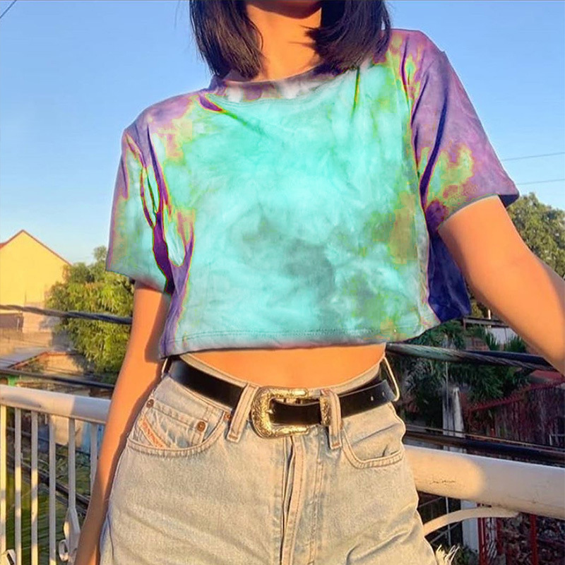 Tie Dye Oversized Cropped T shirt Women Summer Short Sleeve Casual Loose Cotton Crop Top T-shirts Hip Hop Streetwear Tops T200614