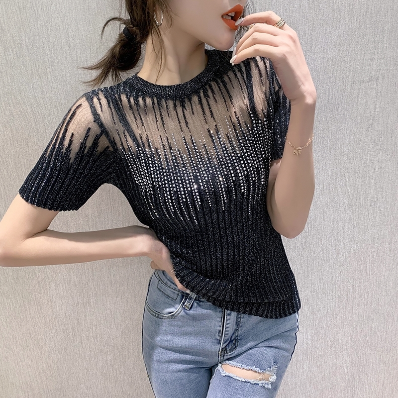 Summer Korean Clothes Knit T-shirt Sexy Diamonds Transparent Women Tops Ropa Mujer Shirt Short Sleeve Elastic Tees T04915 210302