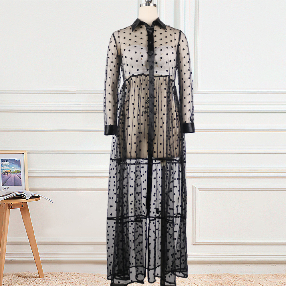 Women Long Mesh Shirt Dress Polka Dot See Through Black Transparent Tulle African Fashion Spring Female Robes Tunic Plus Size XL 210309
