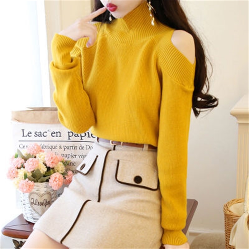 Knitted Sweater OffShoulder Pullover Long Sleeve Mock Neck Female Sexy Fashion Summer WHOLESALE 210525