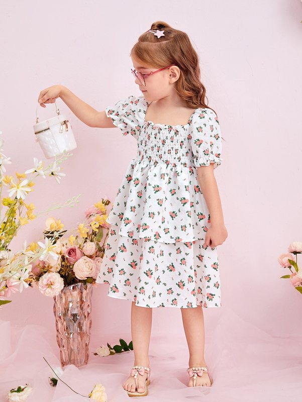 Toddler Girls Floral Shirred Puff Sleeve Layered Hem Dress SHE