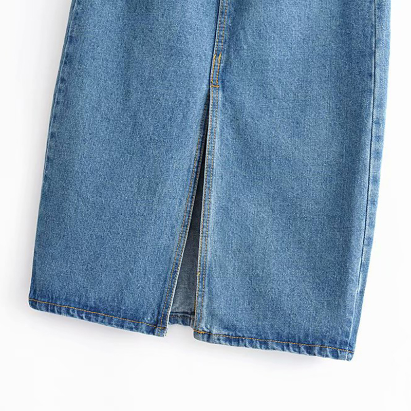 Aachoae Sexy Denim Skirts Women Fashion Split Mid Calf Length Skirts Vintage Pocket Blue Saia Ladies High Waist Midi Skirt 210306