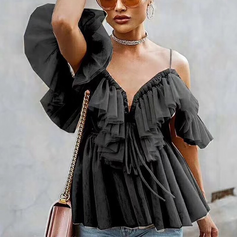 TWOTWINSTYLE Elegant T Shirt For Women V Neck Off Shoulder Tunic Mesh Bandage Tops Female Fashion Summer Clothes New 210308
