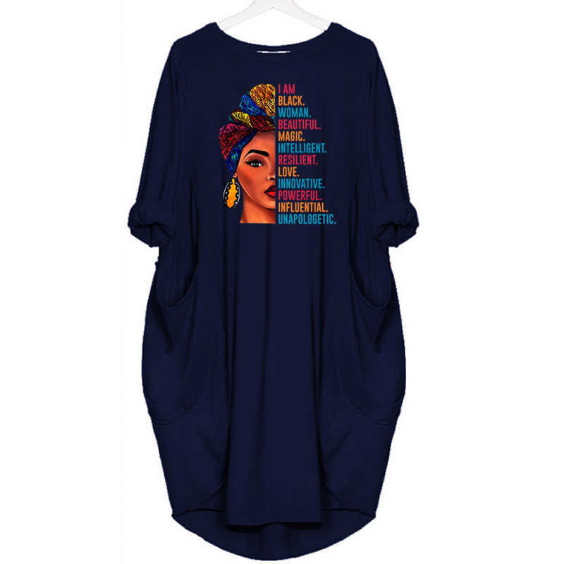 100% Cotton Fashion Pocket Dress For Women Pocket I Am Black Woman Beatiful Letters Print Dresses Women Top Female Tops Off The 210303