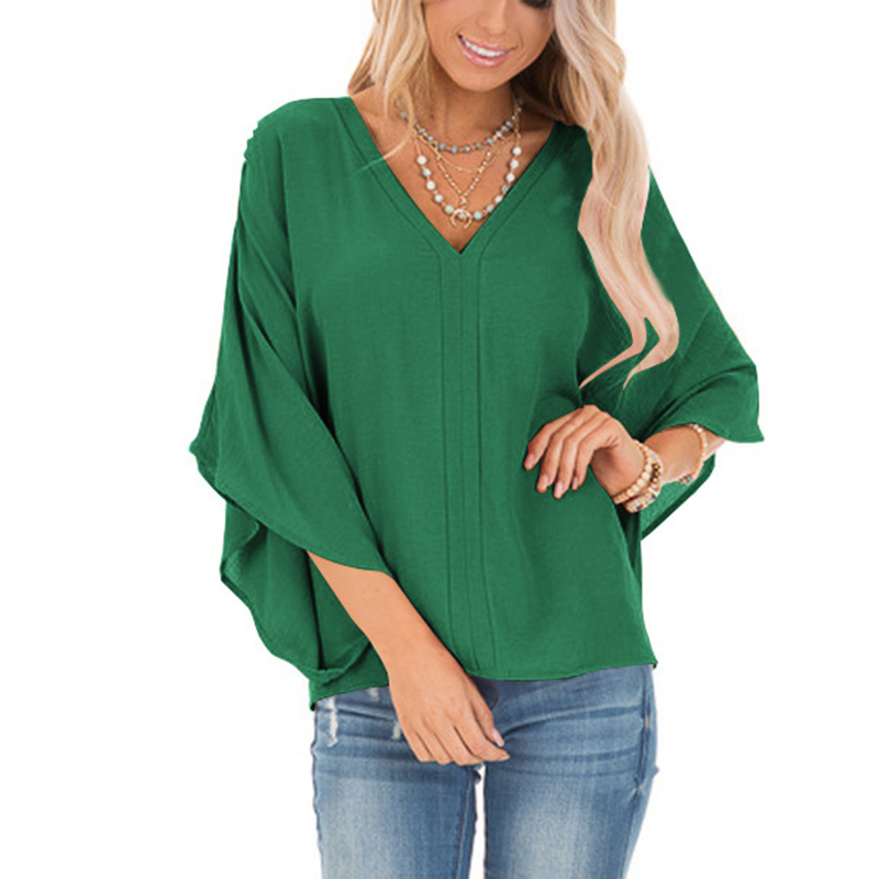 Droppshiping Women Lady V Neck Solid Color Loose Bat Sleeve T-shirt Fashion Top for Beach Party d88 210306