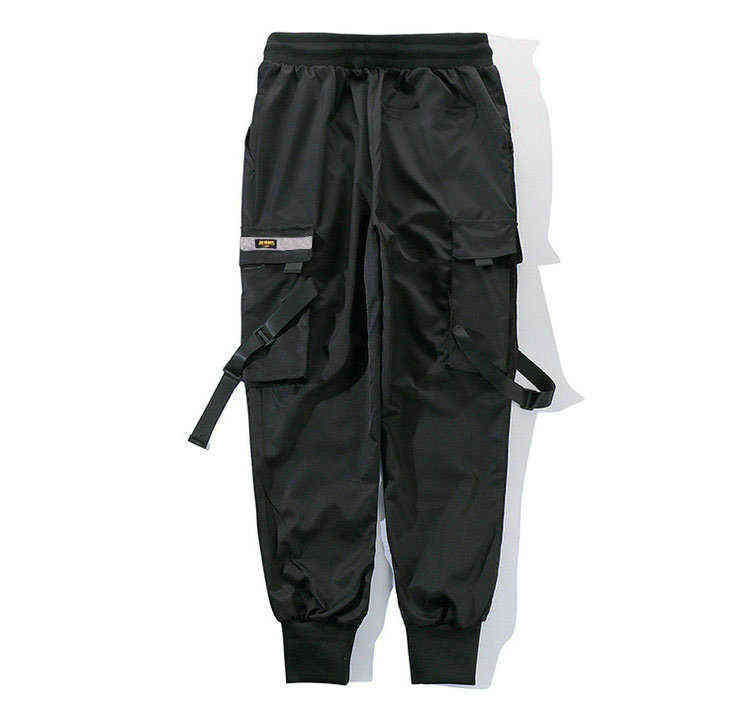 Men Cargo Pants Black Ribbons Block Multi-Pocket Harem Joggers Harajuku Sweatpant Hip Hop Casual Male Trousers 211112