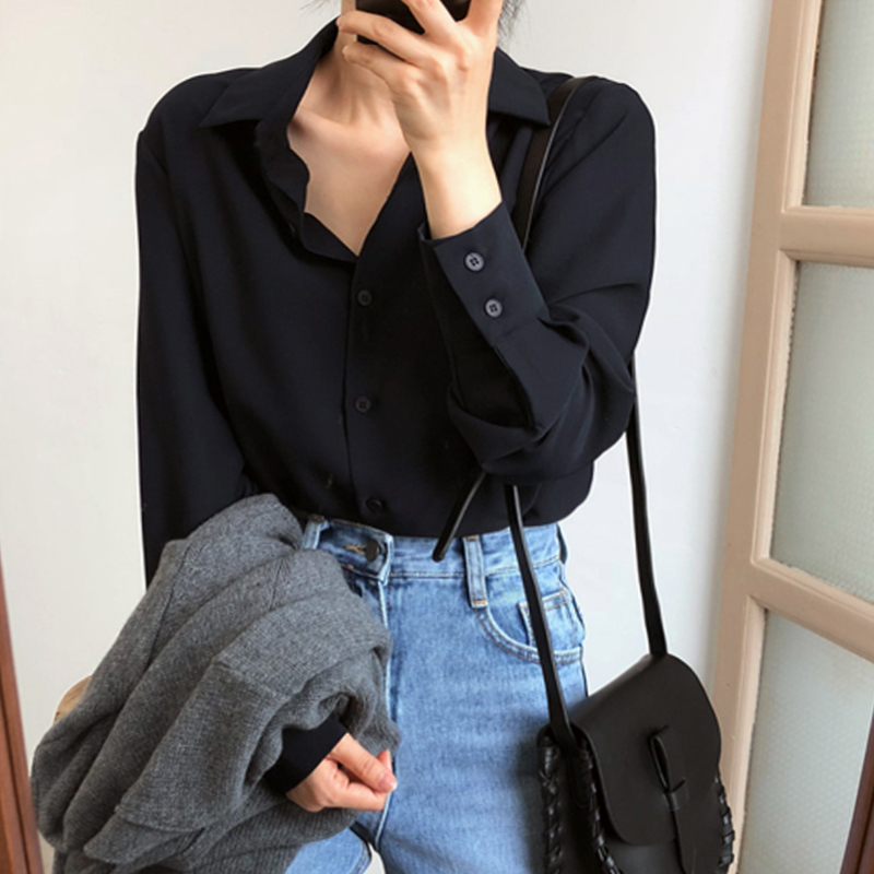 2021 Spring Women Solid Long Sleeve Chiffon Blouse Office Lady Elegance Oversize Black HB Shirts Korean Style White Tops T08905F 210225