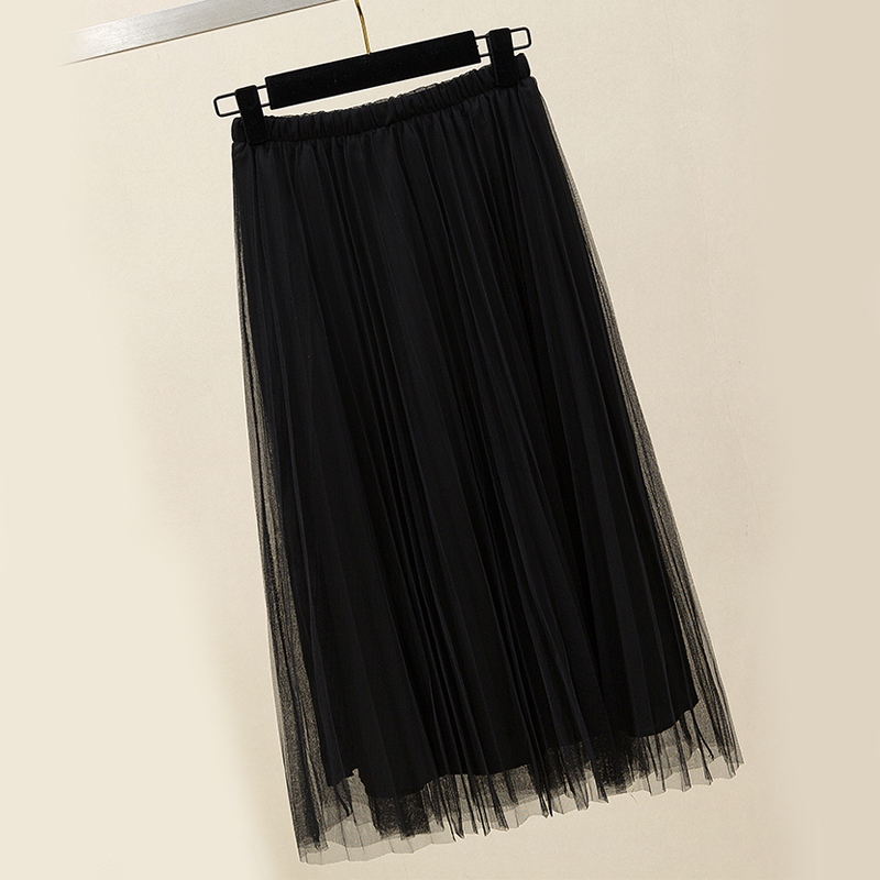 Zoki Women Tulle Skirt Elastic High Waist Mesh Spring Summer Fashion Long Skirt A Line Black Girl Korean Pleated Faldas 210306