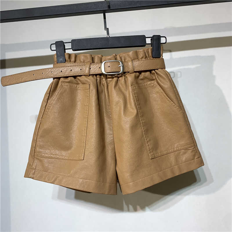 DEAT Autumn Arrival High Waist Sheepskin Shorts Women Casual Leather Loose Wide Leg Shorts RC075 210709