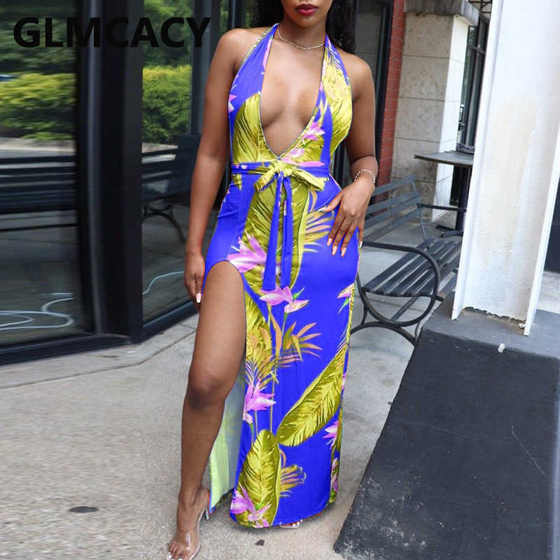 Tropical Printed Summer Beach Dress Halter V Neck Backless Party Dress 210702