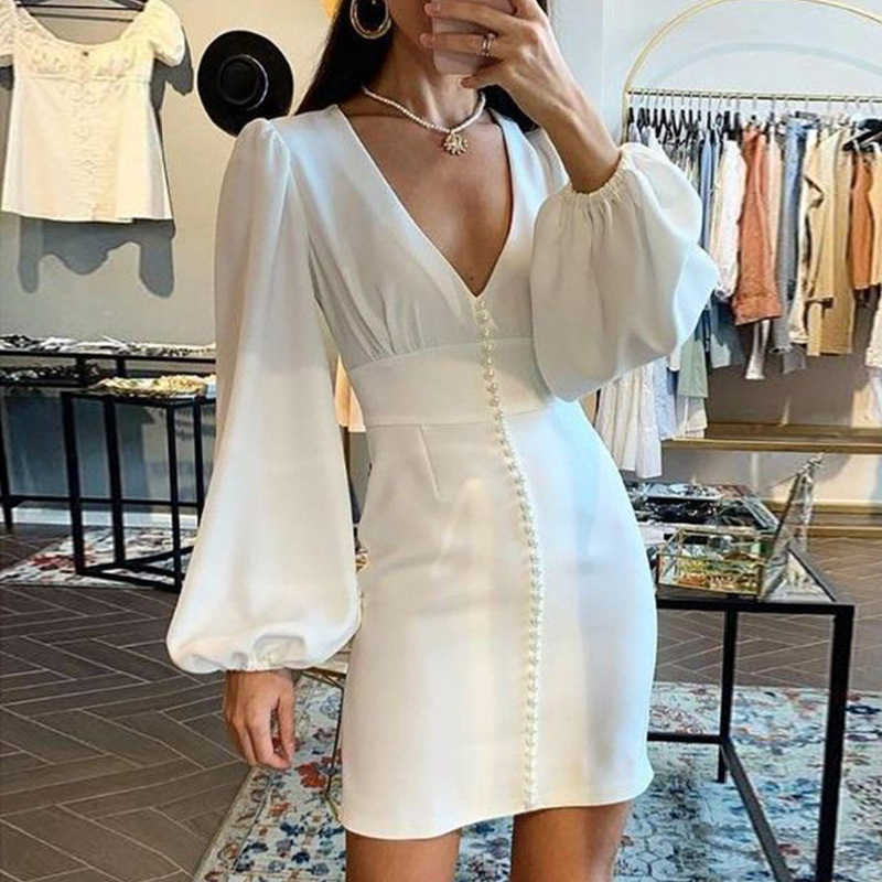 Women Dress V-neck Lantern Sleeve Sexy Dresses Plus Size Long White Summer Clothes 210524
