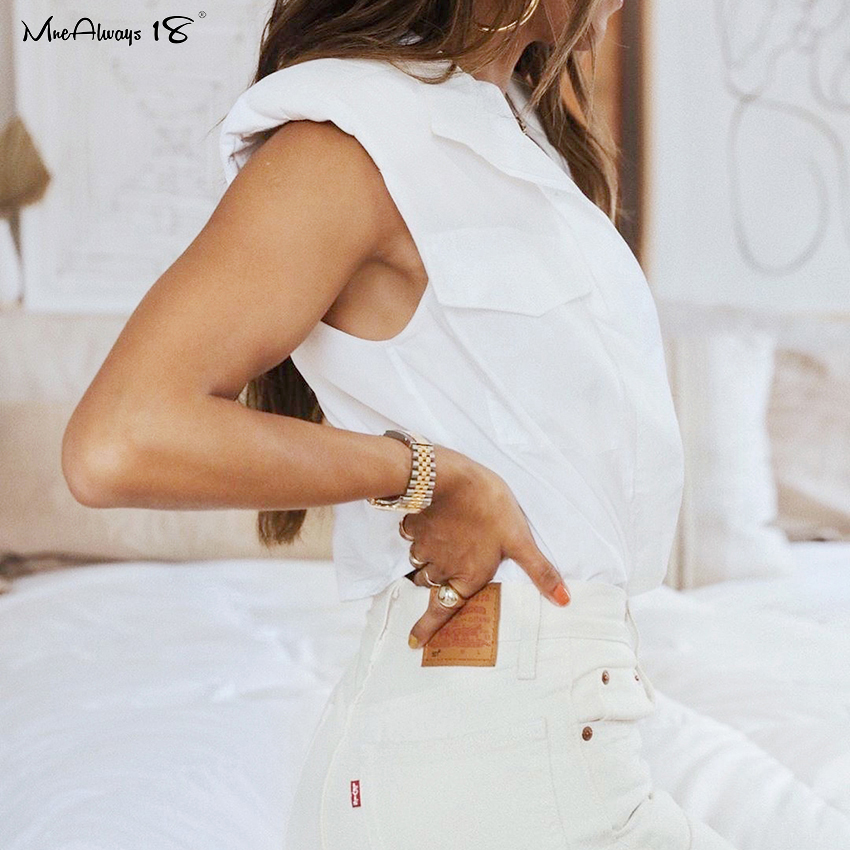 Mnealways18 Casual Sleeveless White Shirt Women Summer Office Blouse Ladies Shoulder Padded Top Button Shirt Stand Collar 210225