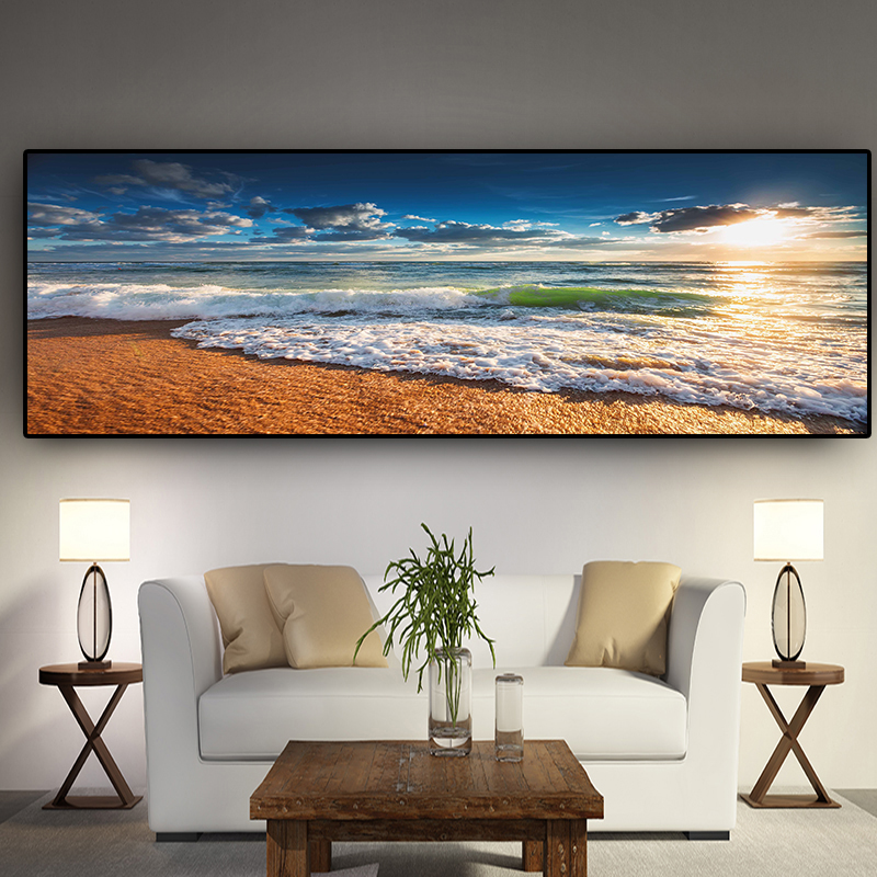 Natural Gold Beach Sunset Landscape Posters and Prints Canvas Painting Mediterran Scandinavian Wall Art Picture for Living Room