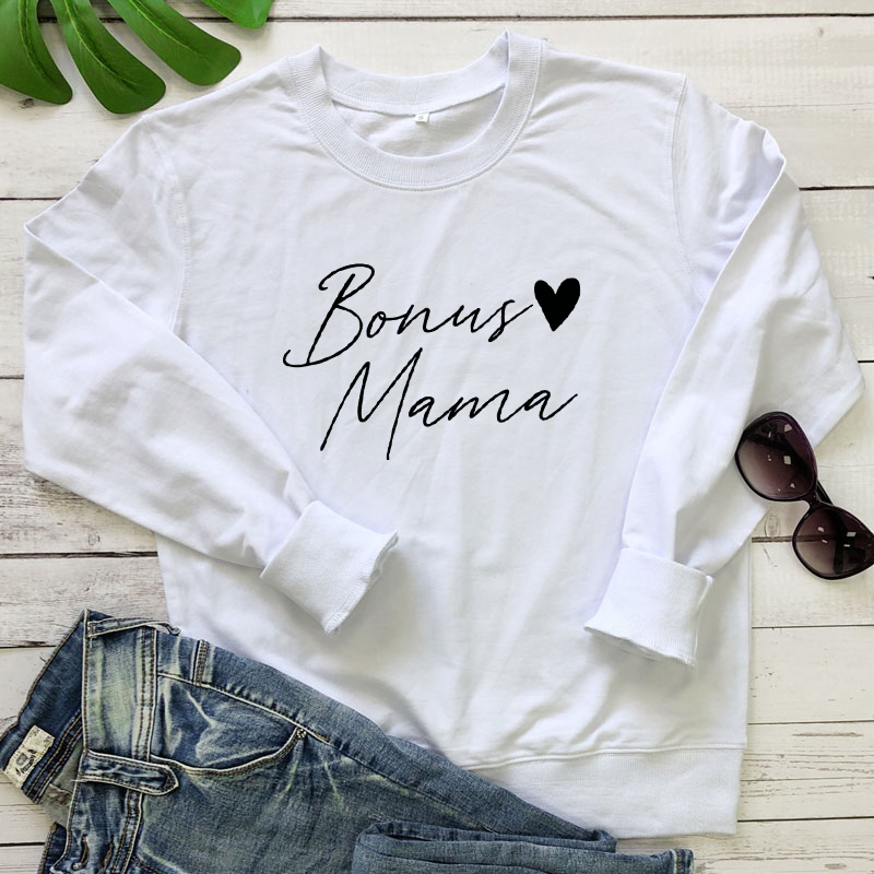 Bonus Mama 100% Cotton Sweatshirt Casual Women Long Sleeve Jumper Mom Life Pullovers Funny Mother's Day Gift Sweatshirt Dropship T200525