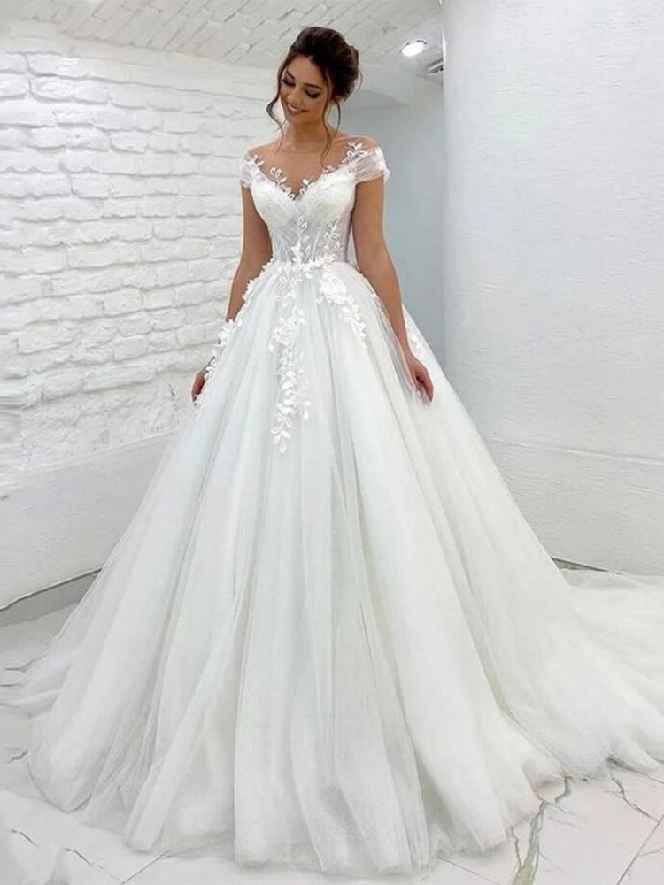 Elegant Ivory Tulle Wedding Dresses Princess A Line Bridal Gowns Sheer Neck Cap Short Sleeves Lace Floral Appliques Bride Dress Back Buttons Robe De M