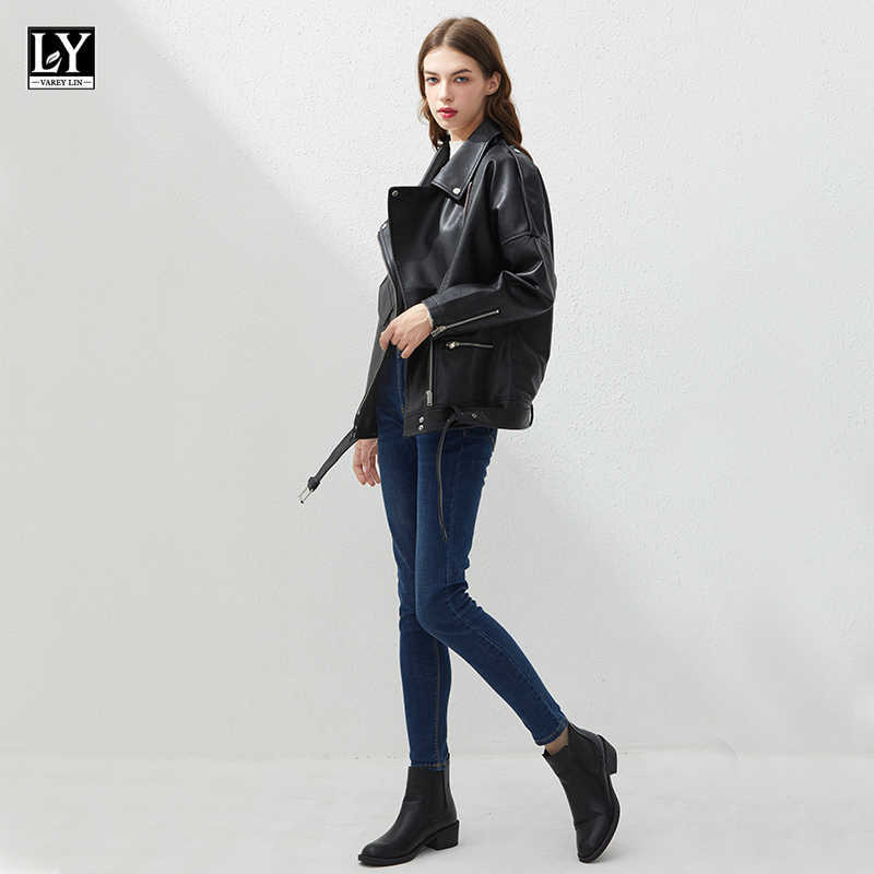 LY VAREY LIN Spring Women PU Faux Leather Jacket Casual Biker s Outwear BF Style Black Female Coat 210526