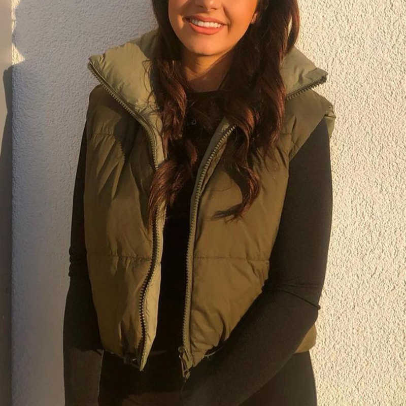 Women's Waistcoat Parkas Jackets Mujer Coat Femme Vest High Neck Puffer Gilet ArmyGreen Zipper Reversible Gilet Winter Warm Coat 210928