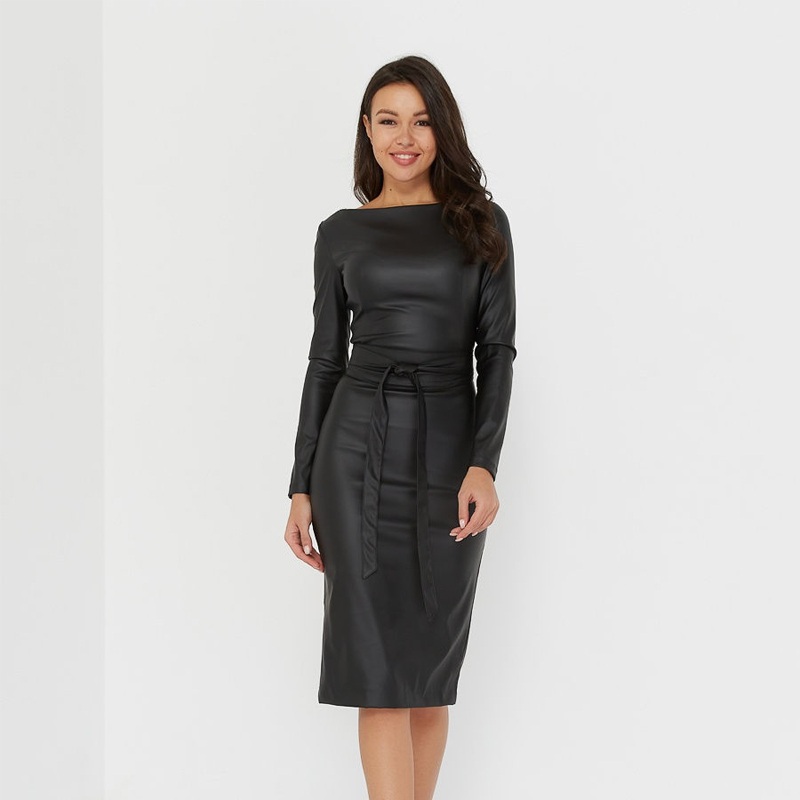 Pu Leather Sexy Bodycon Dress Sashes Sheath Slim Long Sleeve Winter Bandage Dress Elegant New Fashion Party Night Club 220310
