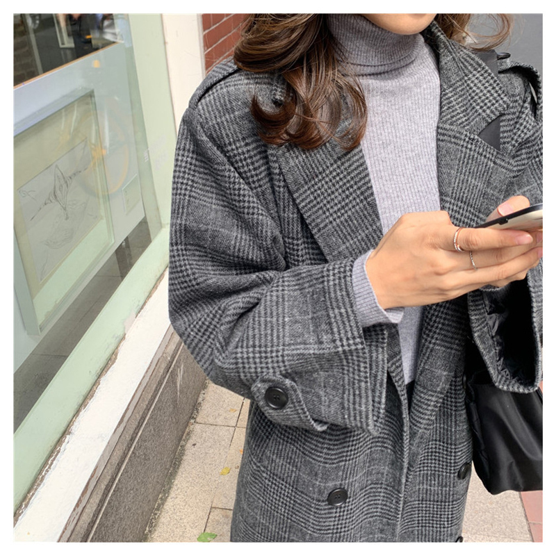 High Quality Winter Wool Blends Coat Belt Female Long Houndstooth Over The Knee Woolen Overcoat paszcz damski manteau femme 210218