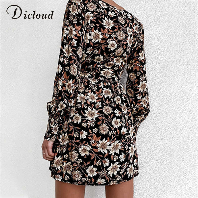 DICLOUD Women Floral Print Boho Party Dress Sexy V Neck Long Sleeve Spring Clothes With Waist Tie Elegant Day Dress 210630