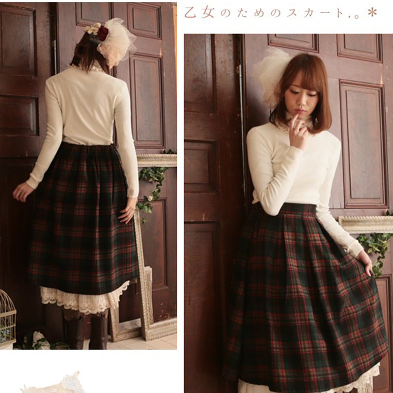 Japanese Mori Girl Spring Vintage Plaid Skirt Women Clothing Retro Mid Calf Harajuku Elastic Waist Female Lovely Skirts V052 210309