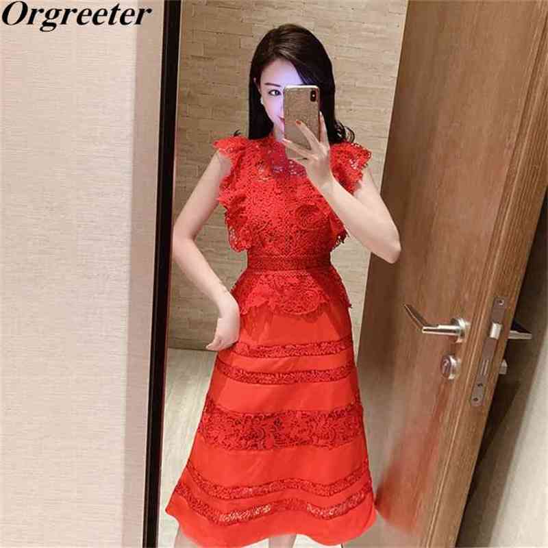 Summer Red Lace Patchwork Party Dress Retro Water-soluble Embroidery Knee-length Hollow Out A-line 210602
Summer Red Lace Patchwork Party Dress Retro Water-soluble Embroidery Knee-length Hollow Out A-line 210602