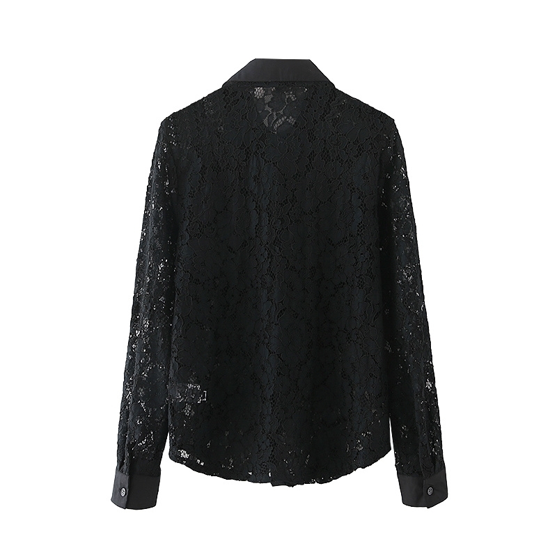 Elegant Women Black Hollow Out Shirts Fashion Ladies Floral Lace Tops Sweet Female Chic Slim Turn Down Collar Shirt 210527