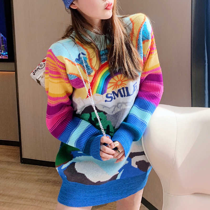 Oversized Sweater Women Fashion Rainbow Striped Embroidered Letters Knitted Pullovers Loose Casual Streetwear Tops C-237 211011Z