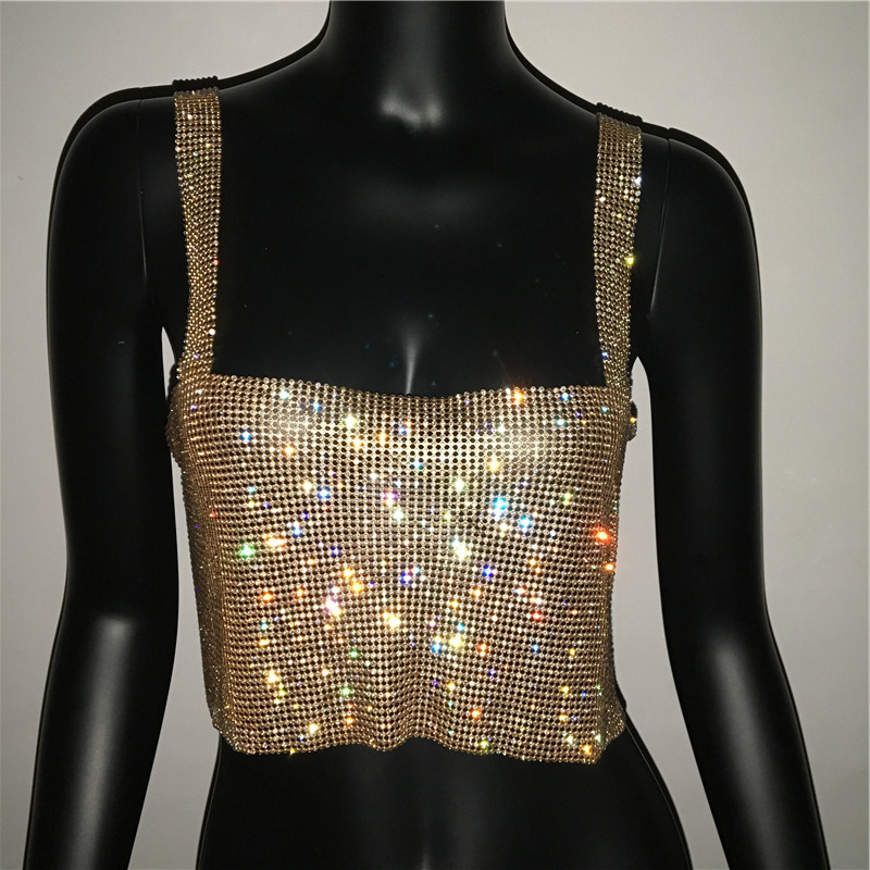 Bling Rhinestones Party Crop Top Fashion Solid Backless Straps Full Diamonds Sequins Cami Cropped Top for Women 201028