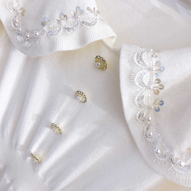 DEAT Women Stitching Sequins Slim Knitted Dress Peter Pan Collar Long Sleeve Elastic Waist Fashion Spring Summer MZ749 210709