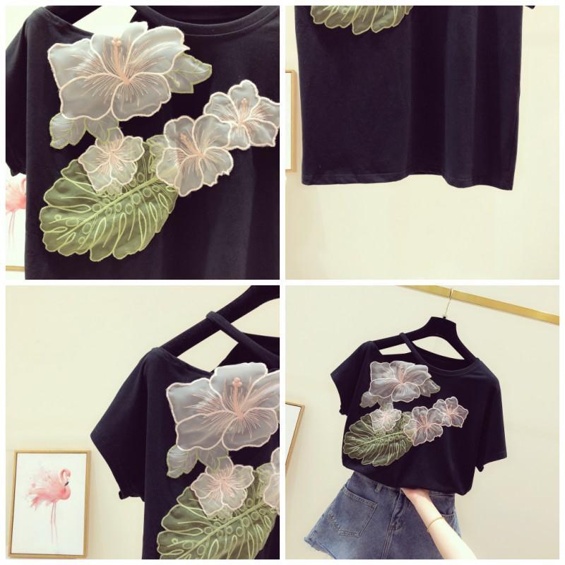 Neploe Korean Mesh 3D Flowers Women T-shirts Strapless Short Sleeve O-neck Korean T Shirt Summer Causal Top Tee Femme 4A427 210306