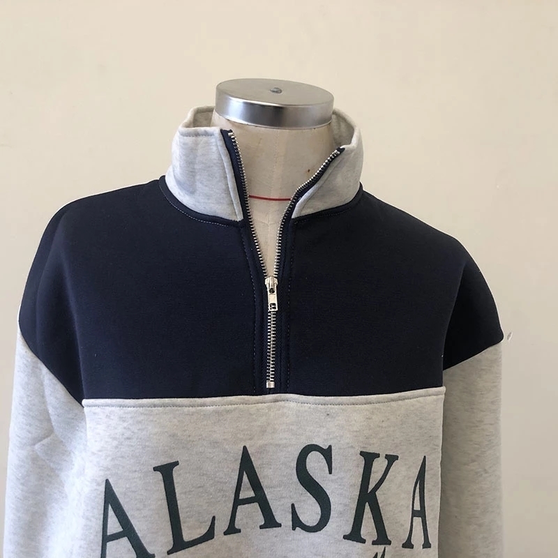 Vintage Hoody Fashion Womens Cotton Stand Collar Half Zipper Alaska Letter Printing Long Sleeve Sweatshirts Casual Loose Hoodies 201217