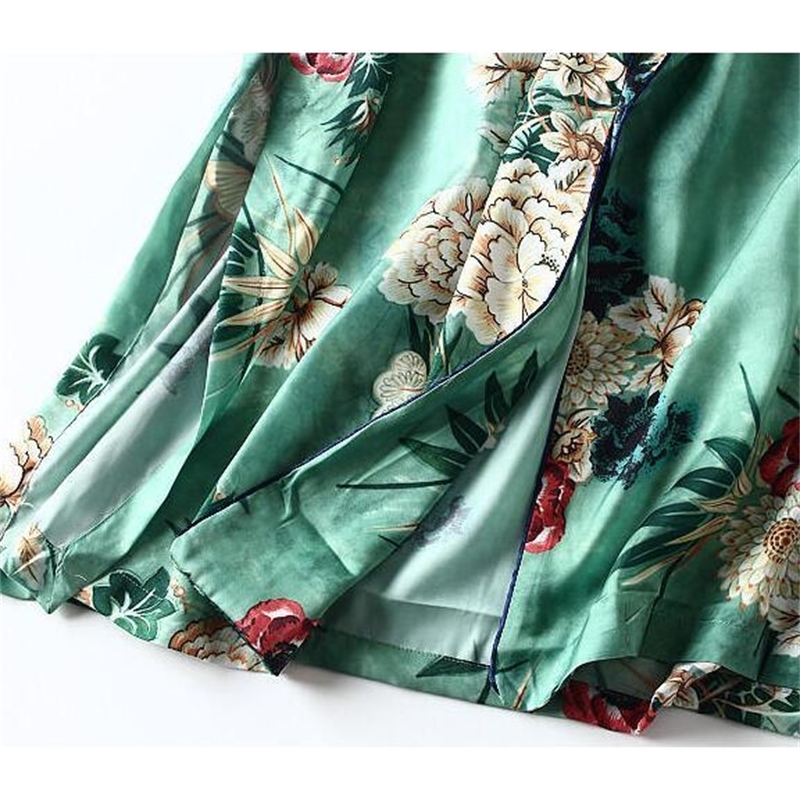 New Women Green Color Bathrobe Style Long Kimono Vintage Floral Printed Wide Leg Pant Ladies Retro Outfit T200716