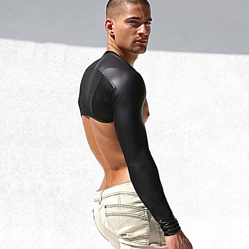 Men Sexy leather Tank Tops breathable mesh vest man shirt sleeves tight protection sleeve catwalk stage sexy undershirt 210308