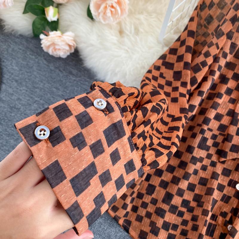 Women's Autumn New Blouse French Retro Bow O-Neck Long Sleeve Plaid Chiffon Shirts Women blusa PL488 210225