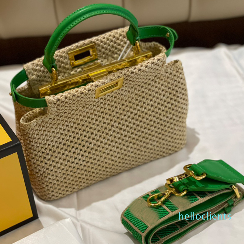 Weave Handbag Small Tote Bag Removable Shoulder Strap Classic Rotary Lock Perforated F Purse Letter Pattern Green Handle Lafite Grass2022
Weave Handbag Small Tote Bag Removable Shoulder Strap Classic Rotary Lock Perforated F Purse Letter Pattern Green Handle Lafite Grass2022
