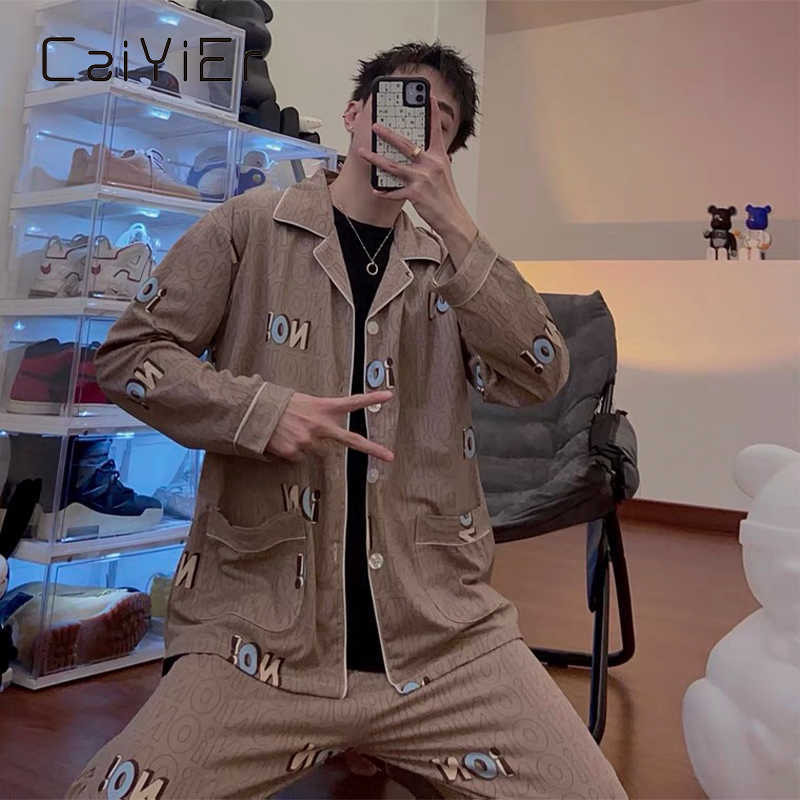 CAIYIER Autumn Winter Men Pajamas Set Turn-down Collar Long Sleeve Trousers Sleepwear Gentleman Printed Casual Homewear L-3XL 211019