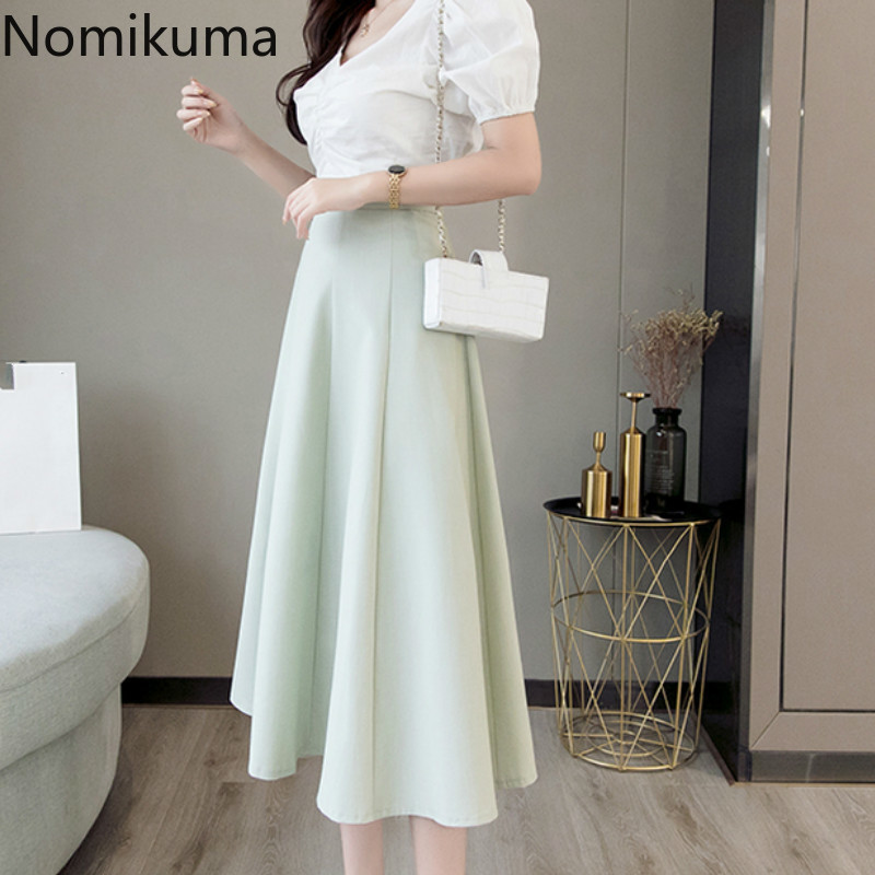 Nomikuma New Arrival A Line Skirt High Waist Back Zipper Solid Color Elegant OL Skirts Women Korean Fashion Faldas Mujer 3a298 210309
