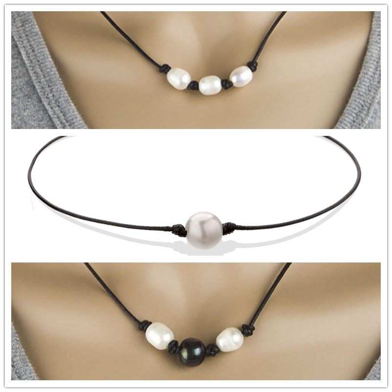 Pearl Single Cultured Freshwater Pearls Necklace Choker for Women Genuine Leather Jewelry Handmade, Black, 14 inches