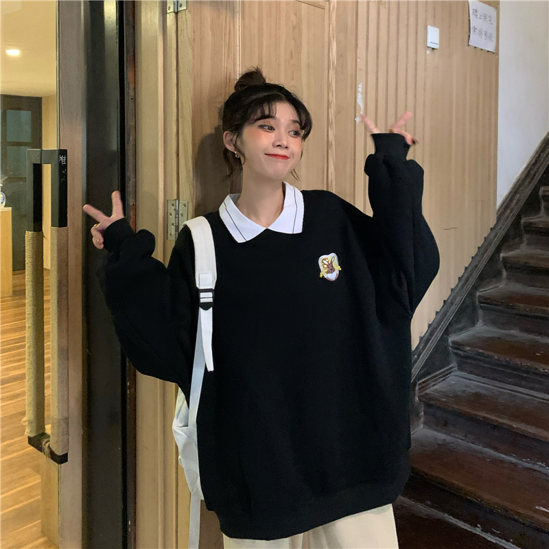 Spring Autumn Winter Sweatshirts Korean Solid Color Polo Women Shirt Loose Boyfriend Style Female Sweatshirt Pullover Harajuku 201102
