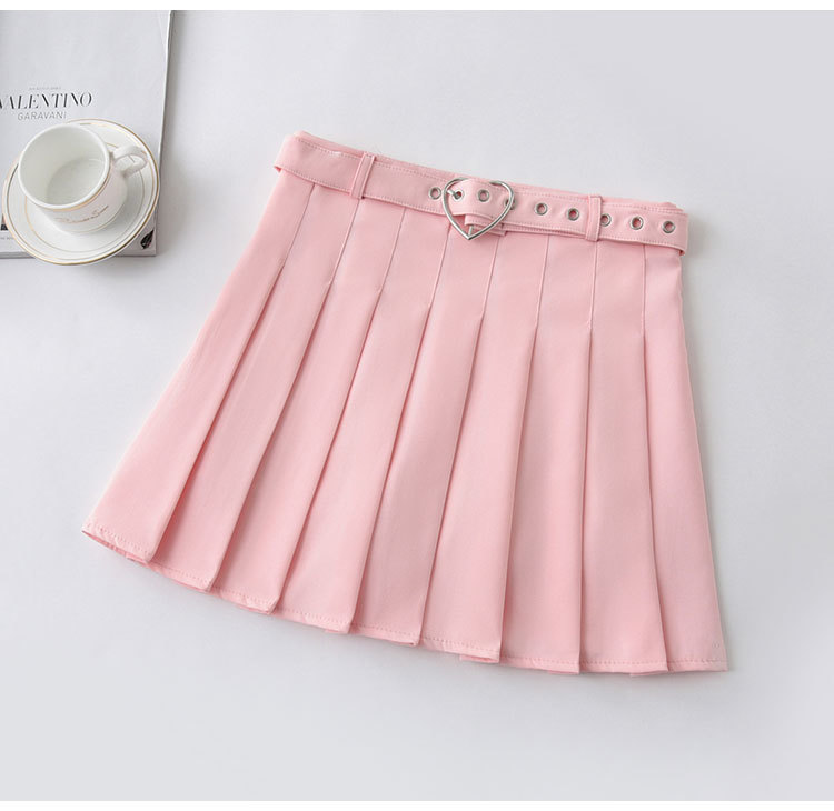 Harajuku HeartBuckle Belt Pleated Skirt Women School eGirl Cheerleading Belted Mini Skirt With Safe Shorts 210306