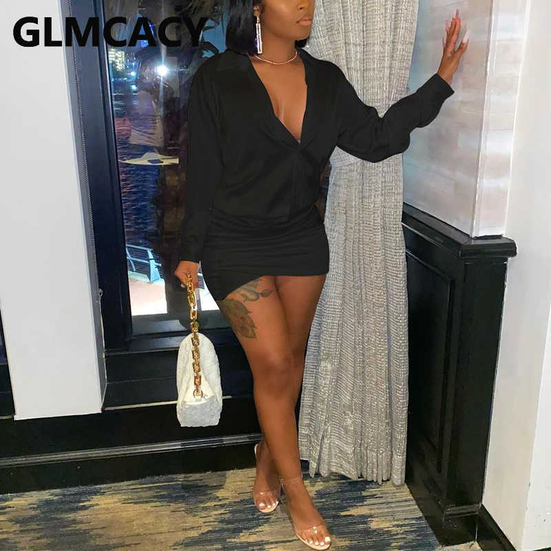 Long Sleeve Satin Bodycon Shirt Dress Elegant OL Mini Dress 210702