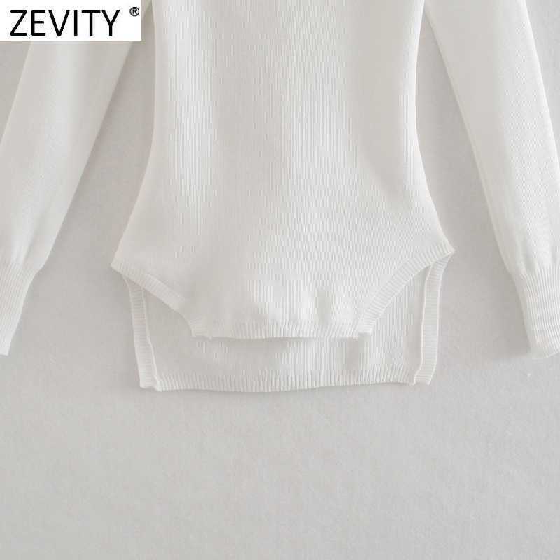 Zevity Women Fashion Stand Collar Long Sleeve White Knitting Sweater Chic Female Backless Lace Up Irregular Pullovers Tops SW847 210603